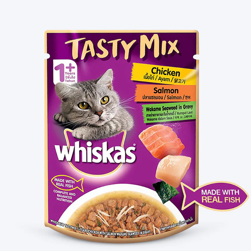 WhiskasAdult_1_year_TastyMixWetCatFoodMadeWithRealFish_ChickenWithSalmonWakameSeaweedinGravy-70gmpacks_f27a84a2-8e24-4123-a644-40e003a912c0